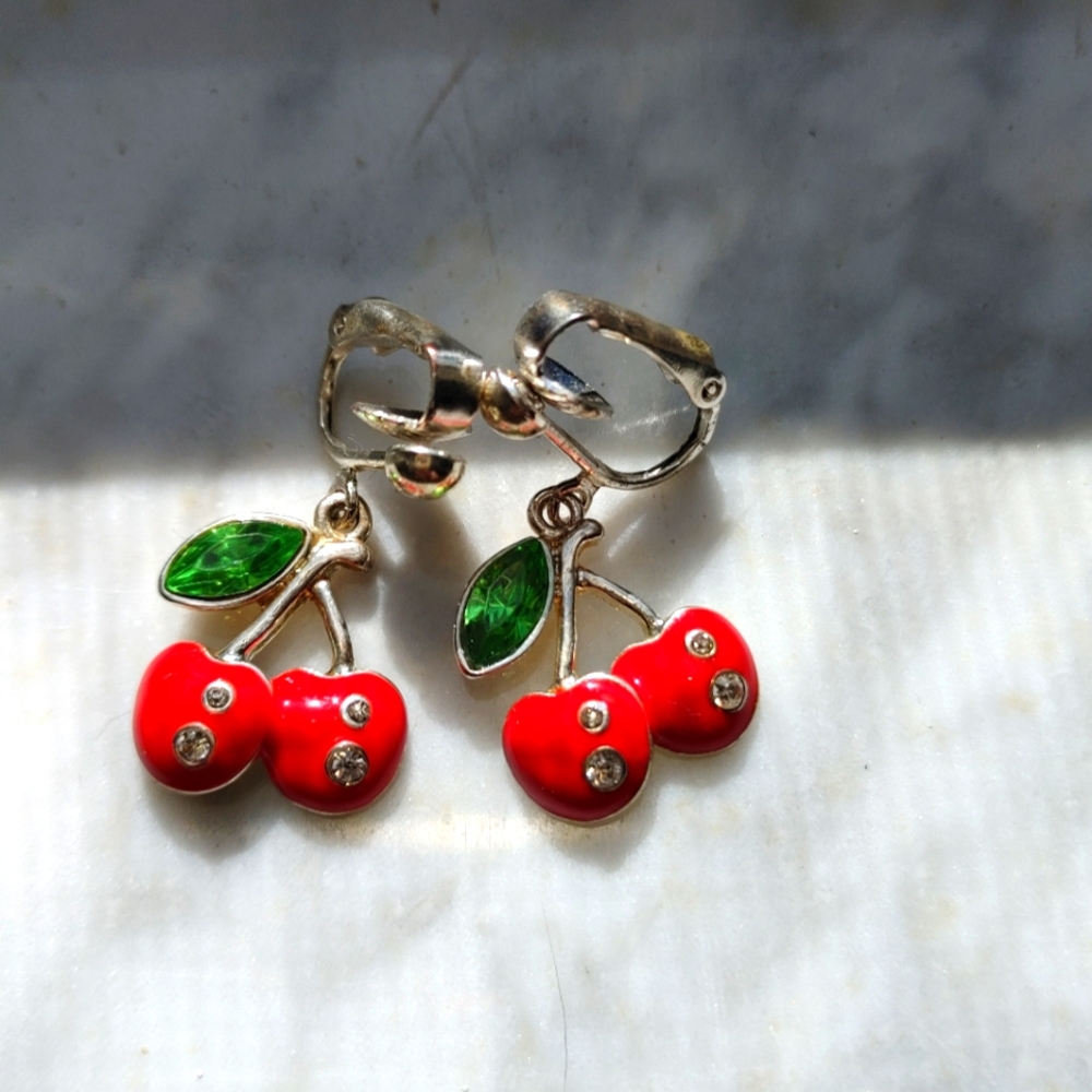 Vintage Cherry Earrings with Rhinestones